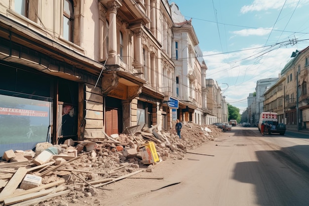 Rua da Ucrânia após a guerra com prédios destruídos