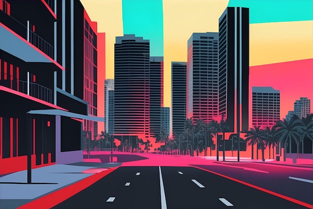 Rua de Miami tons coloridos design plano altamente detalhado arranha-céus da cidade fundo urbano