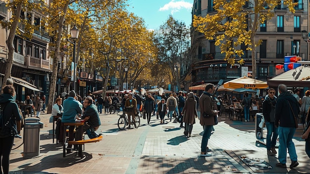 Foto rua de pedestres lotada com pessoas caminhando, conversando e comendo ao ar livre em uma cidade europeia