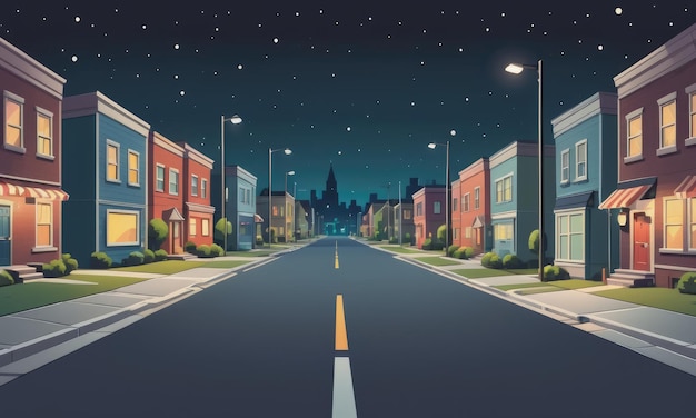 Rua de uma cidade suburbana de desenho animado à noite