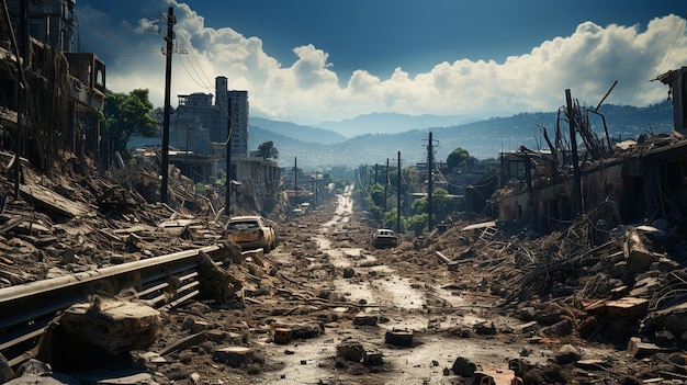 rua destruída após o terremoto