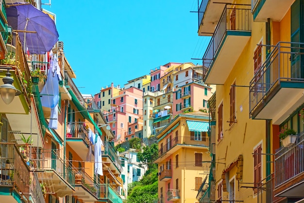 Rua e casas na encosta na pequena cidade de Manarola em Cinque Terre, La Spezia, Itália