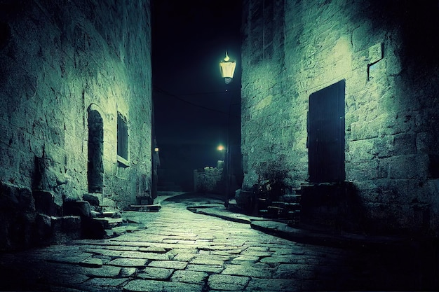 Rua escura à noite com paredes de tijolos sob a ilustração 3d do luar