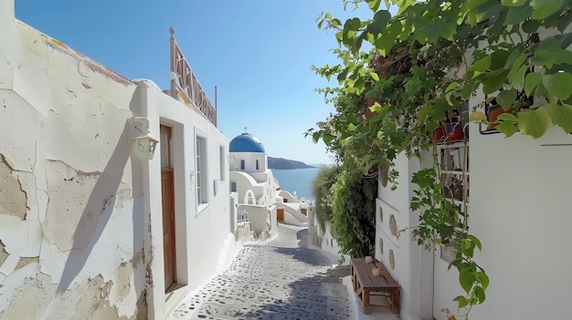 Rua estreita com edifícios brancos e igreja de cúpula azul em Santorini, Grécia