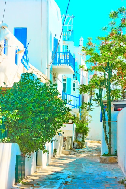 Rua estreita com pequenas casas caiadas de branco e árvores verdes na cidade de mykonos, grécia