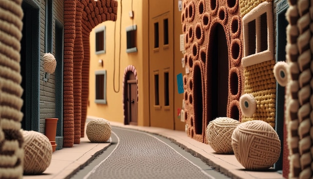 Rua fofa de IA generativa feita de casas de crochê, árvores, carros de estrada, cores suaves, cena sonhadora, paisagem urbana