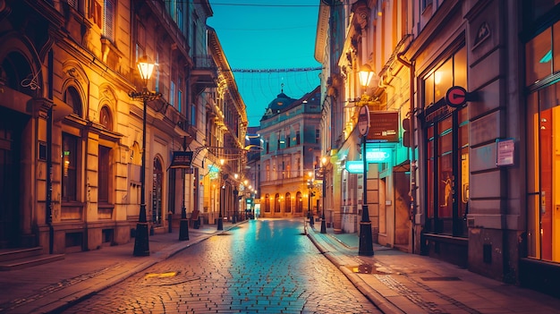 Rua iluminada à noite Cidade europeia antiga IA geradora