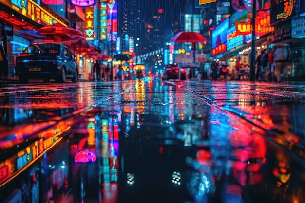 Rua iluminada por néon com reflexos no pavimento molhado Rua iluminado por néon brilhante com reflexos cintilantes no pavimentos molhado
