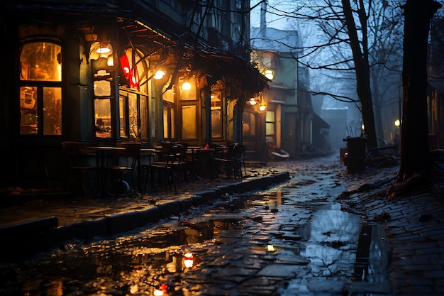 Rua molhada à noite com semáforo vermelho na chuva IA geradora