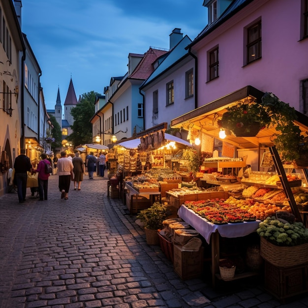 Rua movimentada com diversas barracas de comida em Tallinn, Estônia