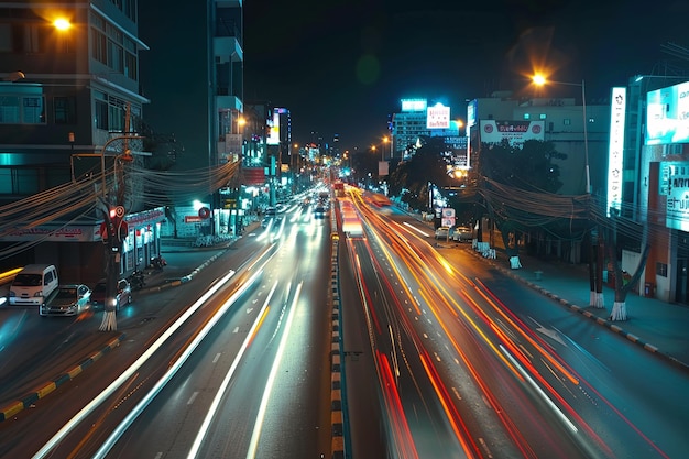 Rua movimentada da cidade com intenso tráfego à noite