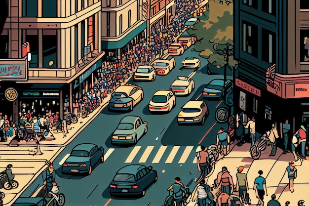 Rua movimentada da cidade com pedestres, motociclistas e carros cruzando em todas as direções