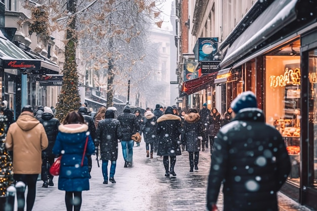 Rua movimentada durante as compras de Natal nevando inverno na cidade pós-processada generativa ai