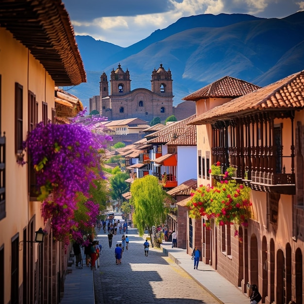 Foto rua movimentada em cusco, com cores vibrantes e ruínas antigas