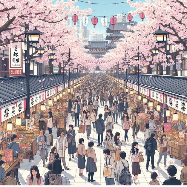 Foto rua movimentada onde as pessoas se reúnem sob as flores de cerejeira a temporada de compras da primavera bazar da primavera