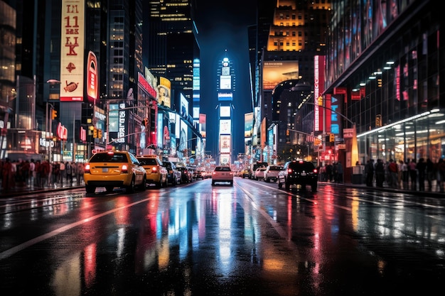 Foto rua time square à noite com carros e táxis detalhes de hiper-realismo gerados por ai
