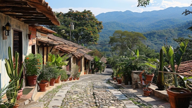 Rua tradicional de paralelepípedos com plantas coloridas em vasos do lado de fora das casas rurais