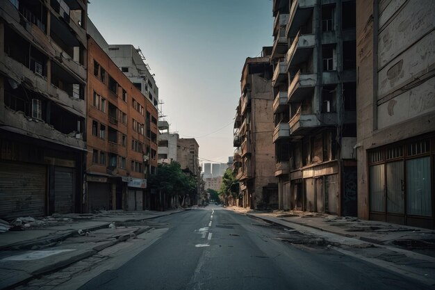 Rua urbana deserta com edifícios danificados