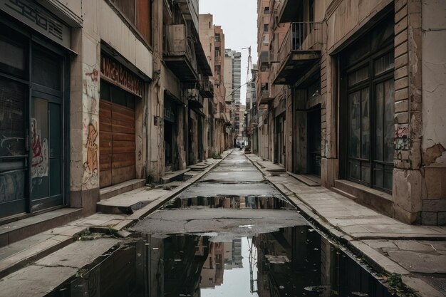 Rua urbana deserta com edifícios danificados