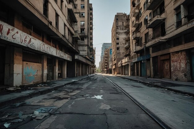 Rua urbana deserta com edifícios danificados