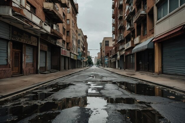 Rua urbana deserta com edifícios danificados