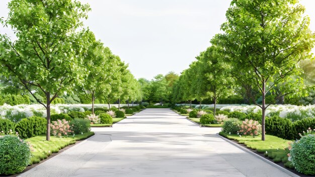 Foto rua vazia em bom e confortável grande jardim isolado em branco