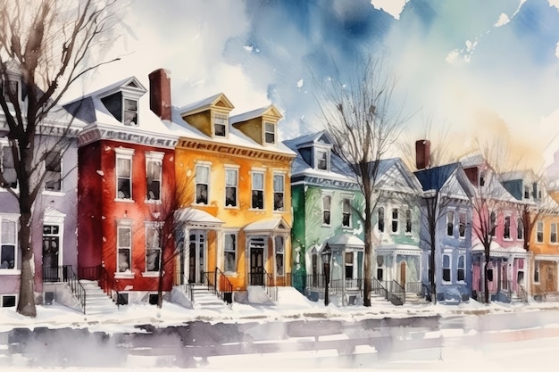 Rua vibrante da cidade de inverno com diferentes edifícios coloridos Ilustração em aquarela