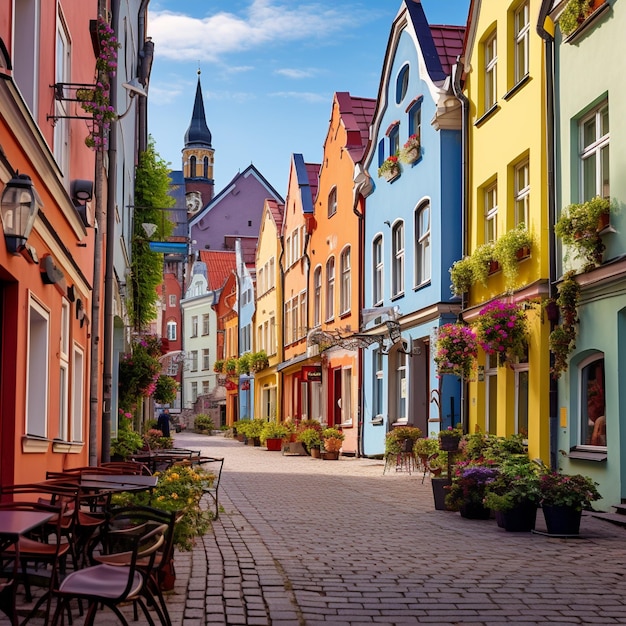 Rua vibrante no centro histórico medieval de Riga