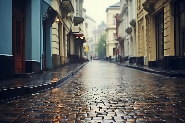 Foto rua vintage encharcada de chuva com paralelepípedos