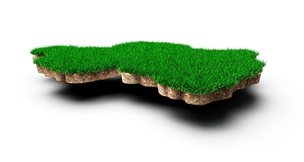 Ruanda Mapa suelo geología sección transversal con hierba verde y textura de suelo de roca ilustración 3d