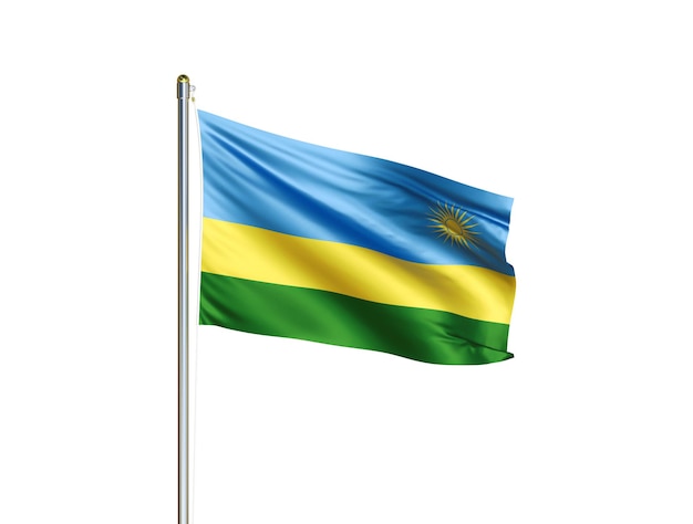 Ruandas Nationalflagge weht auf isoliertem weißem Hintergrund Ruanda-Flagge 3D-Darstellung