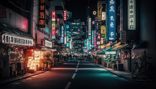 Foto ruas animadas de neon de shinjuku tóquio à noite com uma cena ampla mostrando o movimentado centro da cidade as luzes brilhantes e os sinais coloridos criam uma atmosfera futurista e enérgica generative ai