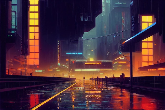 Ruas chuvosas da cidade futurista do cyberpunk