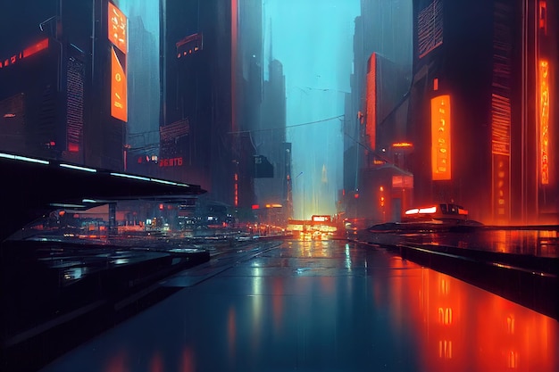 Ruas chuvosas da cidade futurista do cyberpunk