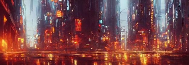 Ruas da cidade de Cyberpunk Casas brilhantes e janelas de arranha-céus de uma cidade fantástica do futuro Sinais de publicidade de néon ilustração 3d