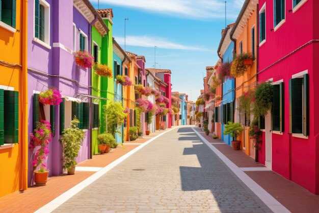 Ruas de cores vibrantes podem ser encontradas em Burano, uma localização pitoresca perto de Veneza na Itáliapg