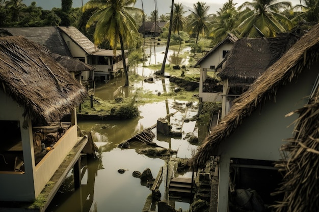 Ruas inundadas e casas destruídas pela água conceito de desastre natural IA geradora