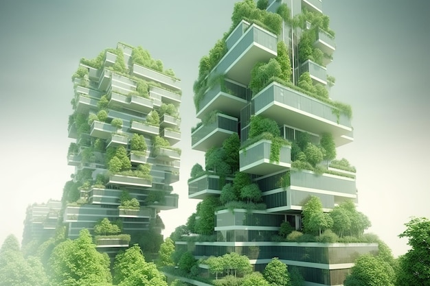 Ruas verdes futuristas da cidade com projetos biofílicos edifícios verdes árvores e plantas cuidado ambiental proteger a natureza ou conceito ecológico IA conteúdo generativo