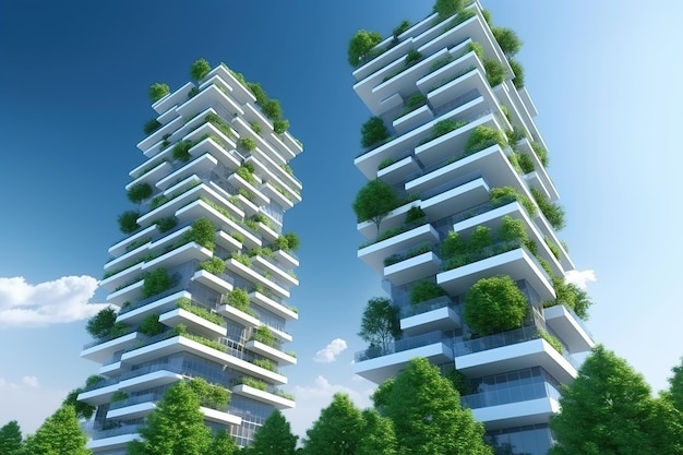 Ruas verdes futuristas da cidade com projetos biofílicos edifícios verdes árvores e plantas cuidado ambiental proteger a natureza ou conceito ecológico IA conteúdo generativo