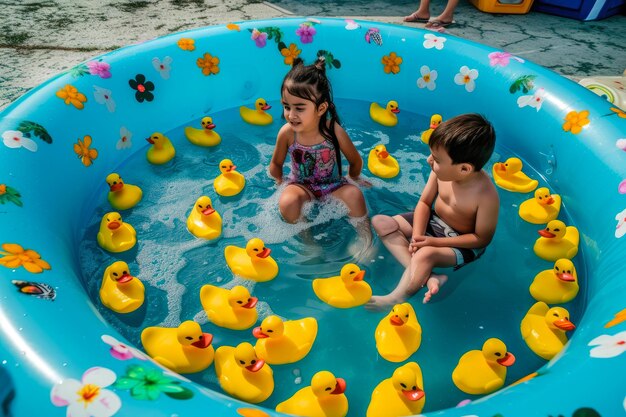 Foto rubberente erfreut jugendliche, die sich in einer pool-oase entspannen