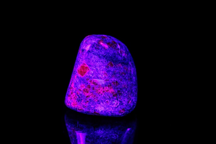 Foto rubi de pedra mineral macro sob luz ultravioleta em um fundo preto