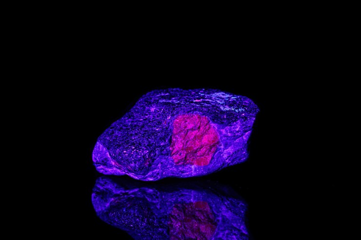 Foto rubi de pedra mineral macro sob luz ultravioleta em um fundo preto