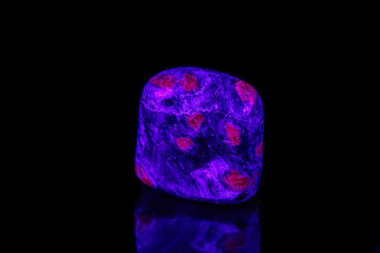 Foto rubi de pedra mineral macro sob luz ultravioleta em um fundo preto