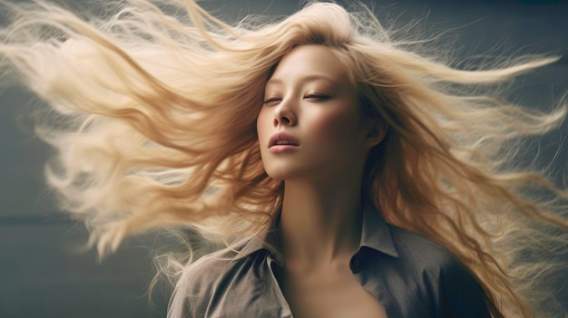 rubia con cabello que flota en el viento generado por la IA