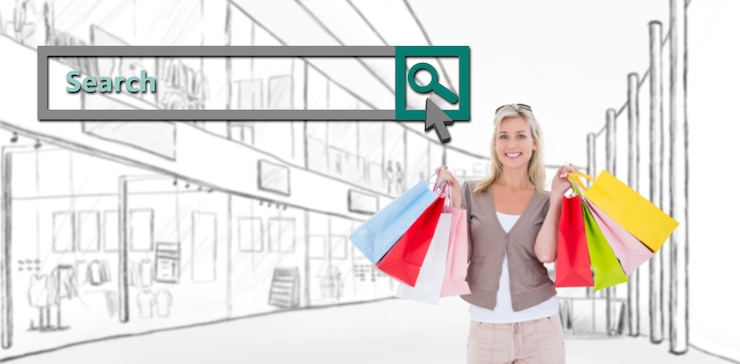 Foto rubia feliz sosteniendo bolsas de compras contra el motor de búsqueda