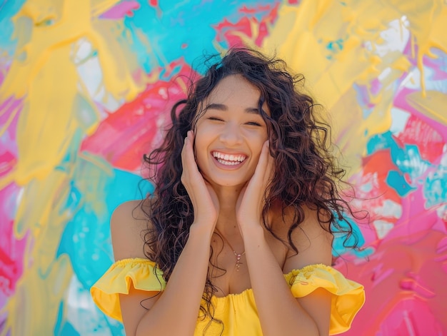 Foto la rubia sonrió a la cámara con un fondo colorido