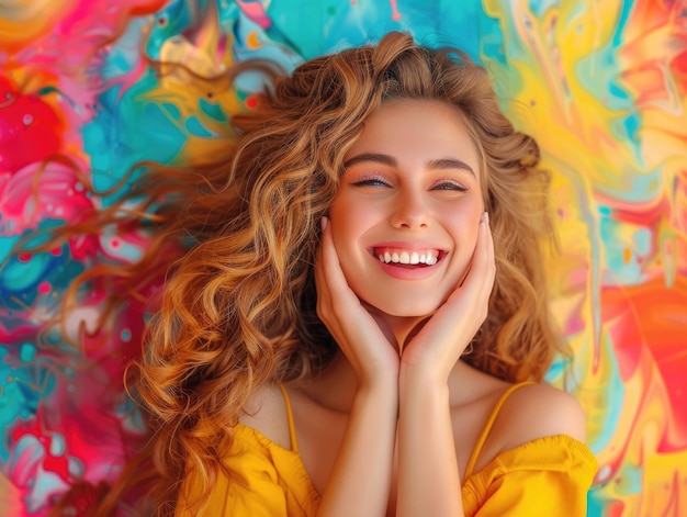 Foto la rubia sonrió a la cámara con un fondo colorido