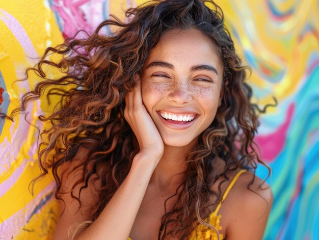 Foto la rubia sonrió a la cámara con un fondo colorido