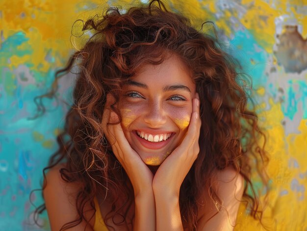 La rubia sonrió a la cámara con un fondo colorido