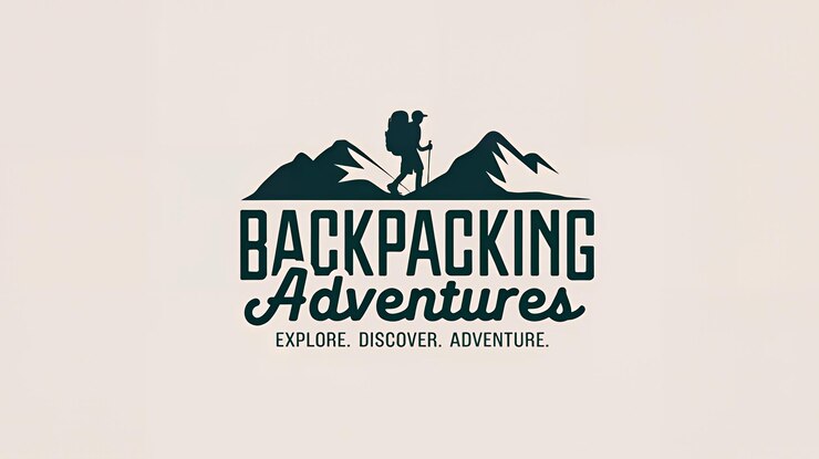 Foto rucksack-abenteuer-logo mit wanderer-silhouette outdoor-tourismus-abzeichen-emblem-etikett